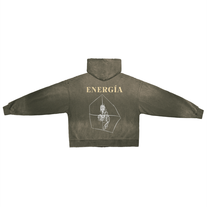 Back side of the Era of Energy post-apocalyptic zip up hoodie in a grey color