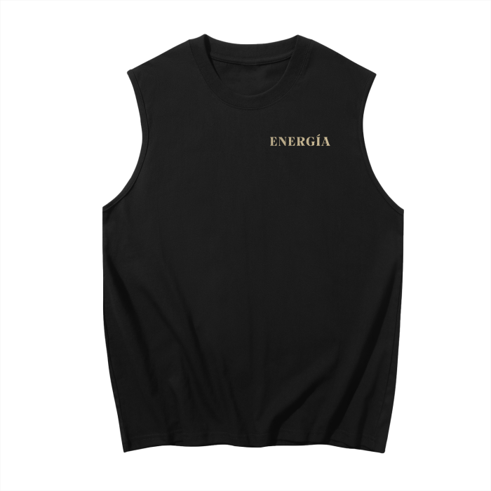 Front side of Era of Energy Living in the Era of Energy tank top in a black color with word ENERGIA on it