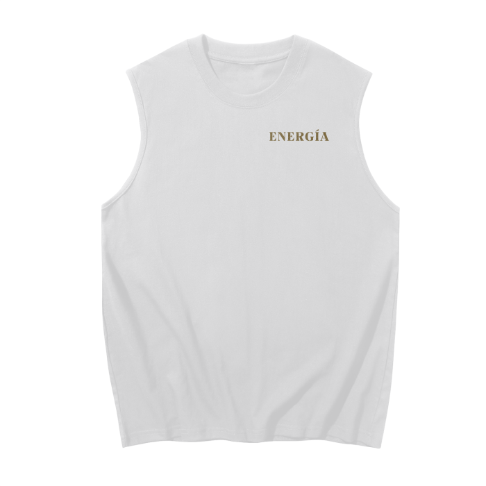 Front side of Era of Energy Living in the Era of Energy tank top in a white color with word ENERGIA on it